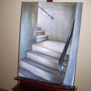 Escalier, peinture à lhuile, paysage urbain Original Art contemporain, art mural urbain gris gris image 3