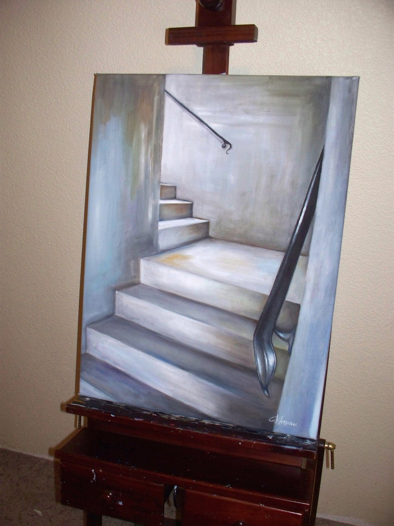 Escalier, peinture à lhuile, paysage urbain Original Art contemporain, art mural urbain gris gris image 3