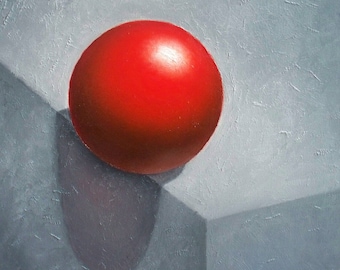 Red Ball Art Print, Abstract Geometric still life Oil Painting print, gray red wall art