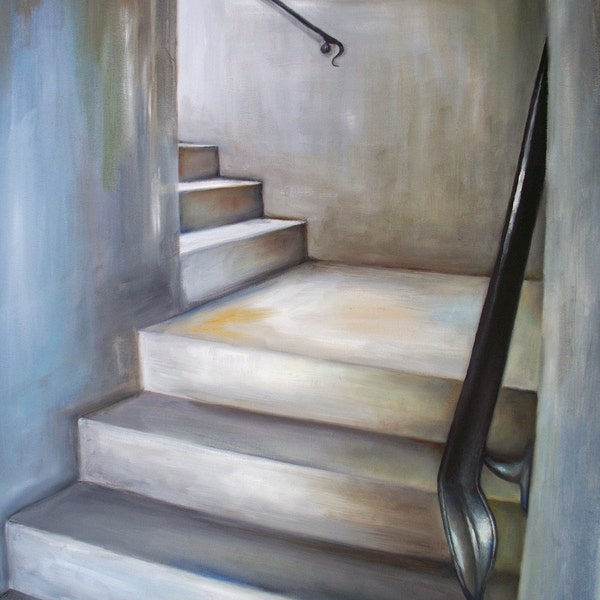 Cityscape art print, urban staircase oil painting reproduction, grey gray wall art