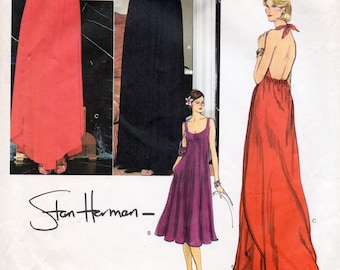 1970s Stan Herman Halter Dress Pattern Vogue American Designer 1529 Vintage Sewing Pattern Deep V Neck Maxi Dress Bust 34