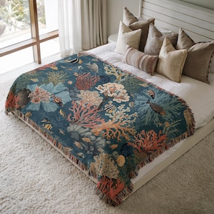 Coral Reef Woven Blanket - Underwater Ocean Throw, Tropical Sea Life Tapestry, Coastal Beach House Decor, Marine Botanical Bed Throw, Ocean