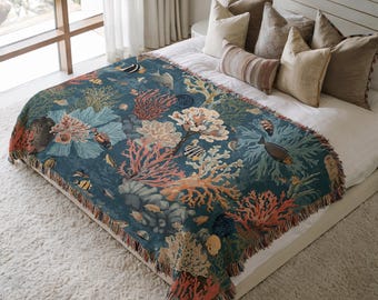 Ocean Coral Reef Woven Blanket 100% Cotton, Marine Life Woven