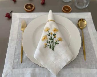 Handmade Yellow Floral Embroidered Linen Napkins: Set of 6 Spring Table Decor