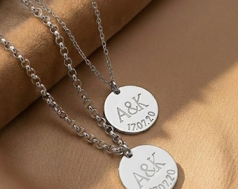 Personalized Couple Initial Necklace Set, Sterling Silver Engraved Pendant, His and Hers Jewelry