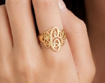 Personlig sammankopplande monogramring, 925 sterlingsilver eller mässing, specialdesignad ring med tre initialer, present till henne