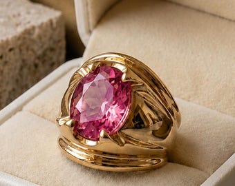 Rosa turmalin statementring, förgyllt sterlingsilverarmband, oktober månadssten