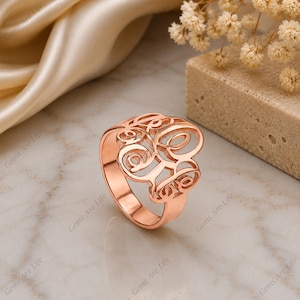 Personalisierter Ring mit ineinandergreifendem Monogramm, 925er Sterlingsilber oder Messing, individueller Ring mit drei Initialen in Schreibschrift, Geschenk für Sie Rose Gold