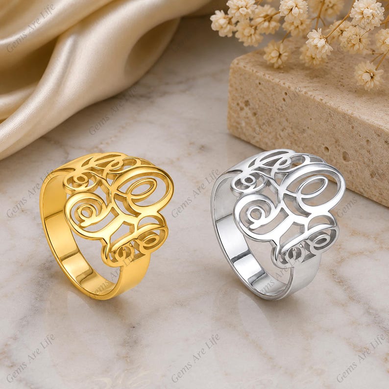 Personalisierter Ring mit ineinandergreifendem Monogramm, 925er Sterlingsilber oder Messing, individueller Ring mit drei Initialen in Schreibschrift, Geschenk für Sie Bild 2