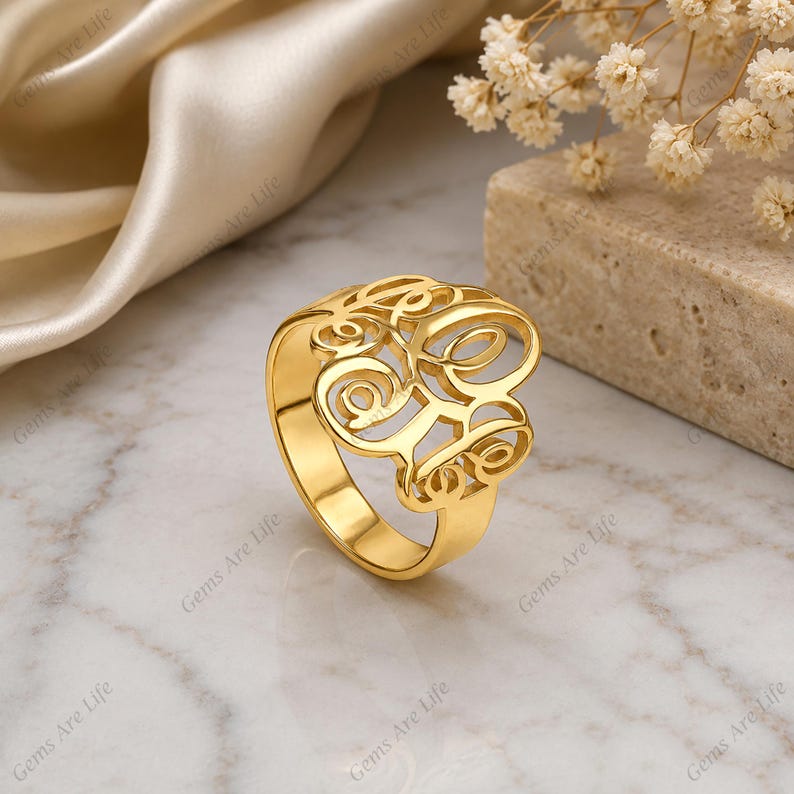 Personalisierter Ring mit ineinandergreifendem Monogramm, 925er Sterlingsilber oder Messing, individueller Ring mit drei Initialen in Schreibschrift, Geschenk für Sie Bild 4