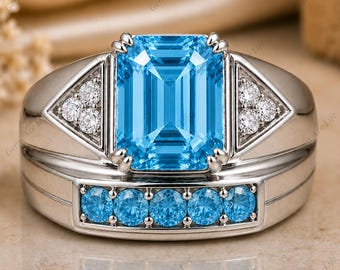 Ring i sterlingsilver med blå topas, förlovningsring för män med ädelsten, november-födelsesten