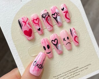 Handcrafted Medium-Long Fake Nails Wearable Removable Press On Nails - Set of 10 Pieces