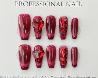 Long Coffin Nails Handcrafted Cat Eye Nails Handmade Press on Nails Fake Nails Japanese Nails - Set of 10 Pieces