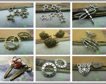 Antique Brass / Antique Silver Alloy Metal Pendants / Charms / Findings - Star / Dragonfly / Gear / Hedgehog / Skeleton hand / Scissors