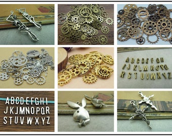 Antique Brass / Antique Silver Metal Pendants / Charms - Gallows Skull / Gear / Watch / Steam Punk / 26 Letters / Rabbit / Rose Cross