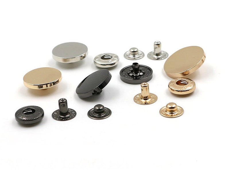 Gunmetal / Golden / Silver Metal Flat Round Press Buttons / Popper Buttons 10mm / 12mm / 15mm / 18mm / 20mm / 23mm / 25mm 6 Sets MBT5 afbeelding 7