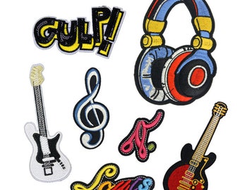 10 pièces de patchs thermocollants en gros pour vêtements/accessoires de vêtements brodés en vrac – Casque de guitare musicale (WFB-28)