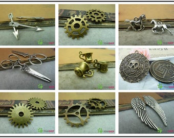 Antique Brass / Antique Silver Alloy Metal Pendants / Charms / Findings - Arrow / Gear / Horse / Scissors / Tea Cup / Pirate / Wing