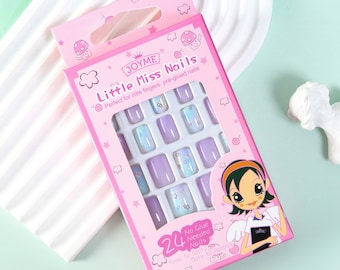 Cute and Cartoon Press-on Nails for Children Pre-glued Nail Art Decals for Kids Adorable Fake Nails Manicure for DIY - Set of 24 Pieces