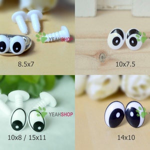 Black and White Plastic Oval Comic Eyes / Safety Eyes / Printed Eyes - 10 Pairs - 8mm / 8.5mm / 10mm / 14mm / 15mm