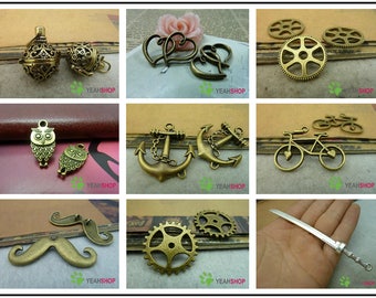Antique Brass Metal Pendants / Charms - Wishing Box / Double Hearts / Gear / Owl / Anchor / Bicycle / Mustache / Sword