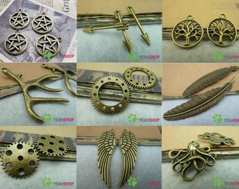 Antique Brass Metal Pendants / Charms / Findings - Star / Arrow / Tree / Antler / Gear / Feather / Wing / Octopus