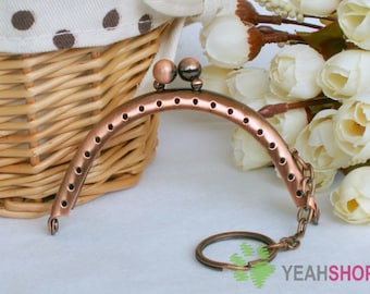 Demi Double perles sac à main cadre rond avec porte-clés - 8.5 cm/3,3 pouces (PF85-16) - en laiton Antique / cuivre Antique