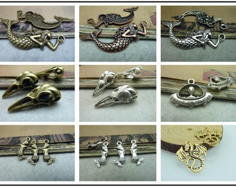 Antique Silver / Antique Brass / Antique Copper / Antique Golden Metal Pendants / Charms - Mermaid / Vulture Skull / Alien / Dragon