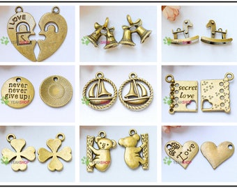 Antique Brass Metal Pendants / Findings / Charms - Jingle Bell / Rocking Horse / Sailing Boat / Secret Love / Four Leaf Clover / Little Bear