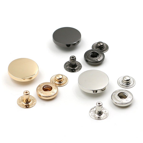 Boutons-pression ronds plats en métal doré / doré / argenté - 10 mm / 12 mm / 15 mm / 18 mm / 20 mm / 23 mm / 25 mm - 6 ensembles (MBT5)