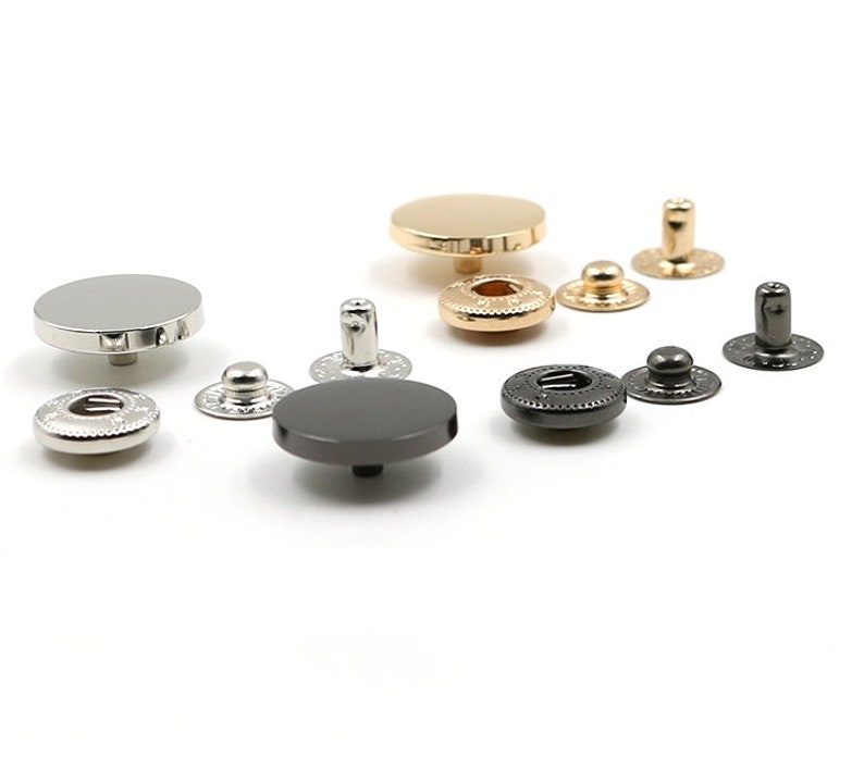 Gunmetal / Golden / Silver Metal Flat Round Press Buttons / Popper Buttons 10mm / 12mm / 15mm / 18mm / 20mm / 23mm / 25mm 6 Sets MBT5 afbeelding 6