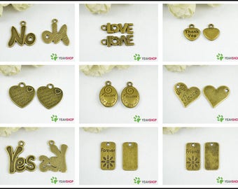 Antique Brass Metal Pendants / Charms / Findings - No / Love / Thank you / Heart / follow your dreams / Peace / Yes / Forever / Friends