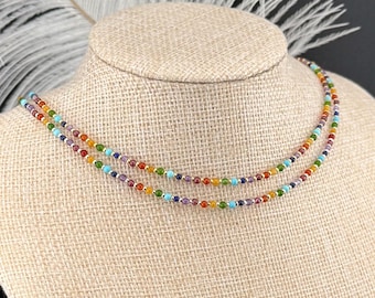 Chakra Gemstone Choker Necklace: Dainty 7 Stone Healing Crystal, Balance Natural Stone, 2mm