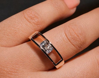 0.924 Ct Lab-Grown Cushion Cut Floating Diamond Ring • 14K Gold Modern Engagement Ring • Minimalist Open Bar Solitaire