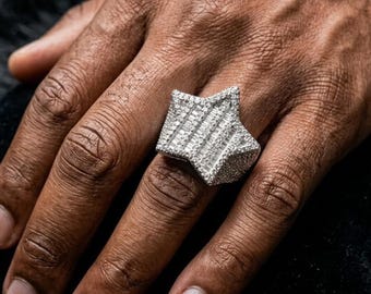 Iced Out Moissanite Star Ring: Baguette 925 Solid Sterling Silver