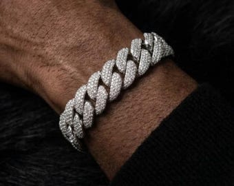 Solid 925 Sterling Silver Pave Cuban Bracelet | VVS1 Moissanite Diamonds, Hip Hop Style