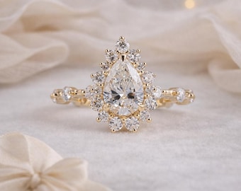 1.774 Carat Pear Cut Lab Grown Diamond Ring Pear Cut Halo Engagement Ring with Small Round Diamonds on Shank