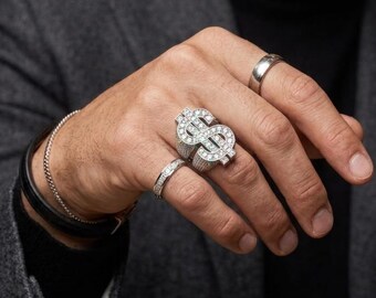 Iced Out Dollar Sign Ring: Baguette Moissanite| 925 Solid Sterling Silver