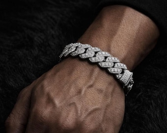 VVS1 Moissanite Diamond Cuban Bracelet | Solid 925 Sterling Silver, Three Row Pave (15MM 8IN)