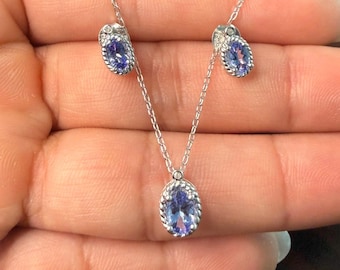 Natural Diamond & Tanzanite Jewelry Set | 925 Sterling Silver| Oval Cut Earrings and Necklace Set|