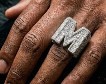 Iced out Initial M Ring| Pave |Moissanite |Solid 925 Sterling Silver| Statement Ring