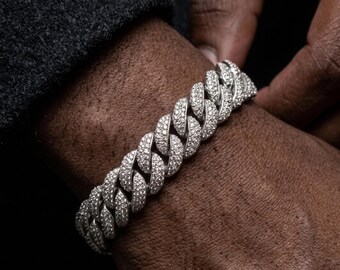 Solid 925 Sterling Silver Diamond Cuban Bracelet | Double Row Pave Chain 15mm 9in