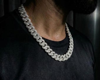 Solid 925 Silver Cuban Chain | Three Row Pave Round VVS1 Moissanite