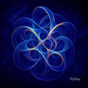 May include: Abstract digital art piece featuring a complex, swirling design in shades of blue and gold against a dark blue background. The artwork has a fractal-like quality, with interconnected loops and curves. The artist's signature, "Kimotherapy", is visible in the lower right corner.