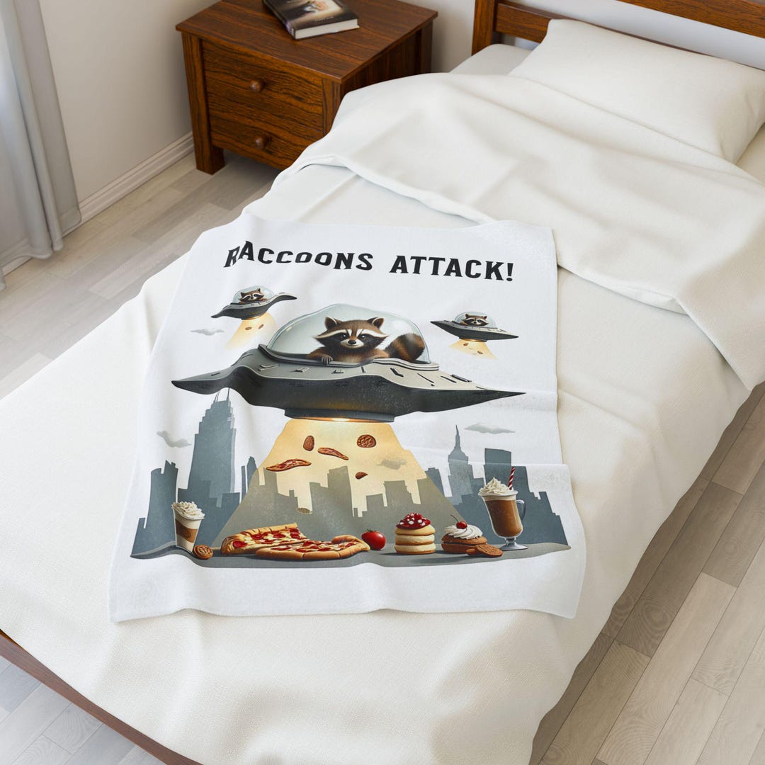 Raccoons Attack UFO Plush Lap Blanket | Alien Raccoon UFO Design - Etsy