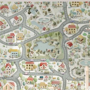 May include: A whimsical wallpaper mural featuring a detailed map of a town with roads, houses, trees, and a lake. The design includes a variety of colorful houses and vehicles, creating a playful and inviting scene. A wooden toy car and house are in the foreground.