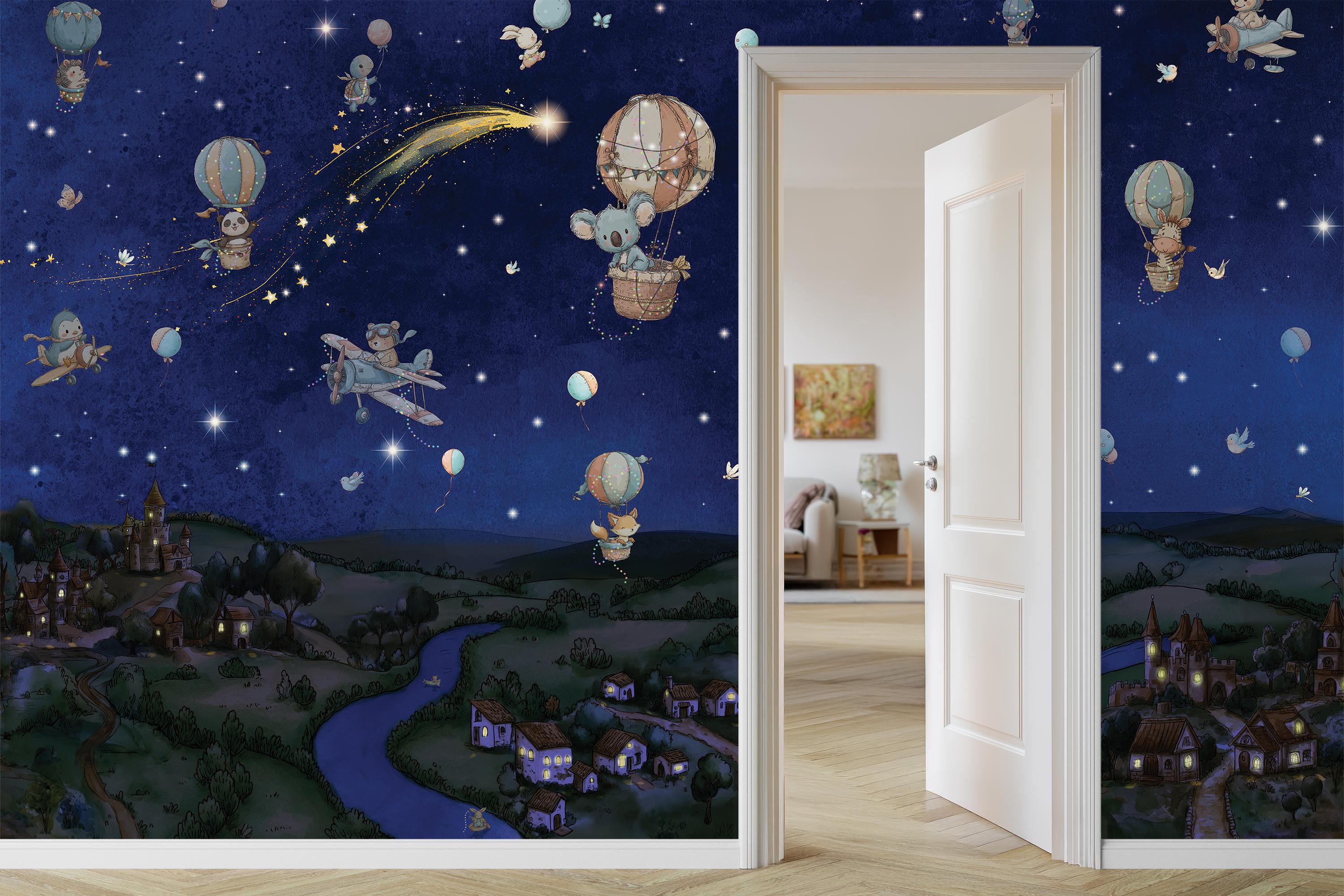Night Sky Kids Room Wallpaper - Hot Air Balloon Nursery Mural - Etsy