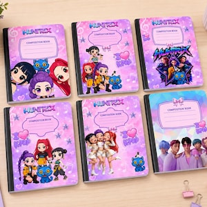 May include: Six rectangular composition books with black spines and purple gradient covers featuring the text HUNTRIX and COMPOSITION BOOK. The covers display various illustrations of cartoon characters, a blue cat, and the text I LOVE KPOP.