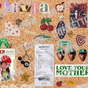May include: A collage on a corkboard featuring photos, a calendar, and a receipt. The name "Olivia" is spelled out with cut-out letters. Other elements include a cherry illustration, a fish, and the text "LOVE YOUR MOTHER".