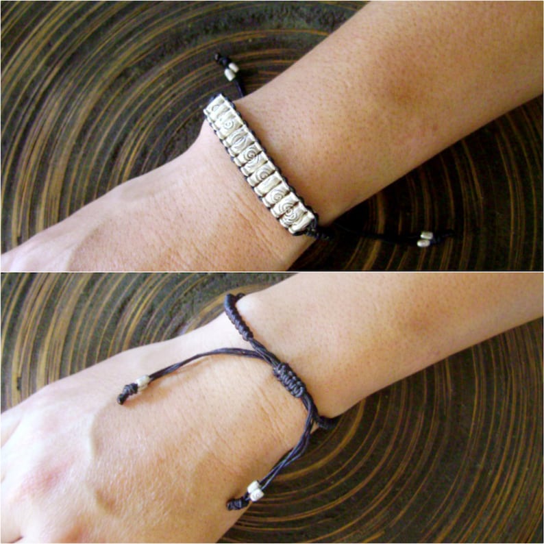 10 Waxed Cord Adjustable Silver Beaded Bracelet